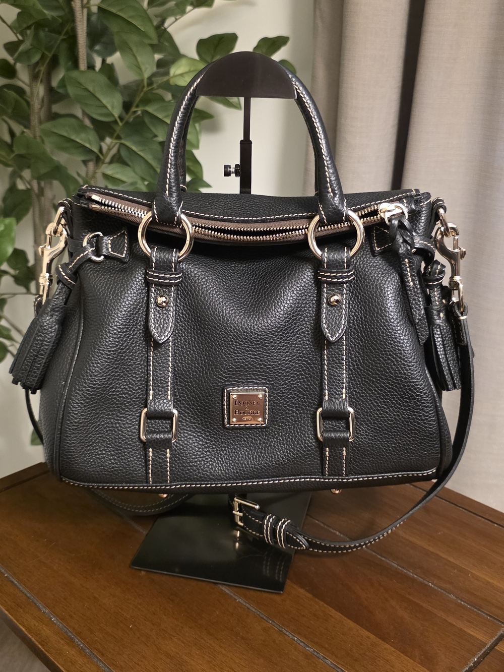 Dooney & Bourke Black Pebble Leather Satchel with Gold Hardware